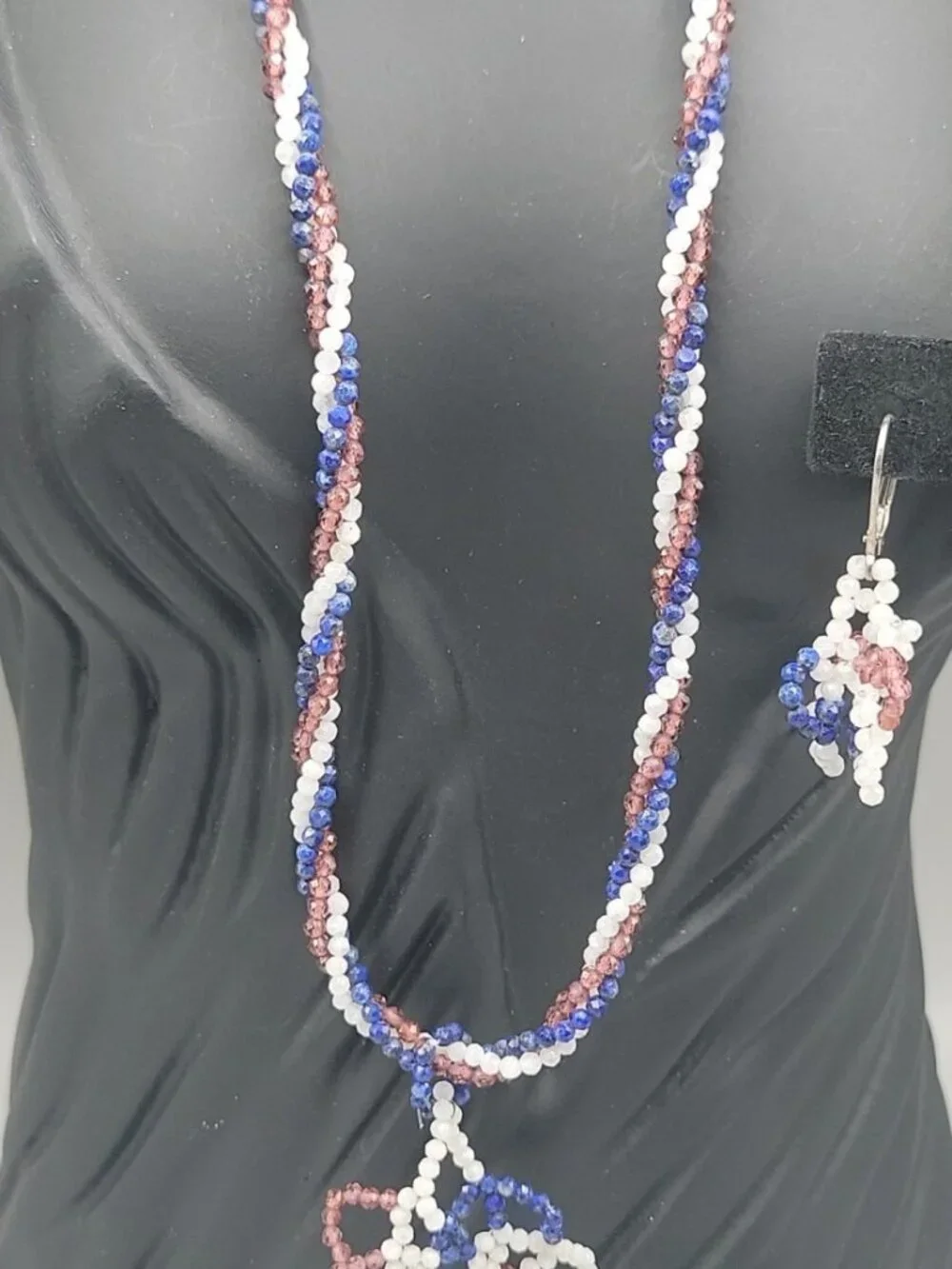 BBJ Sterling Silver Patriotic Red White Blue Beaded Rope Necklace Earrings Set